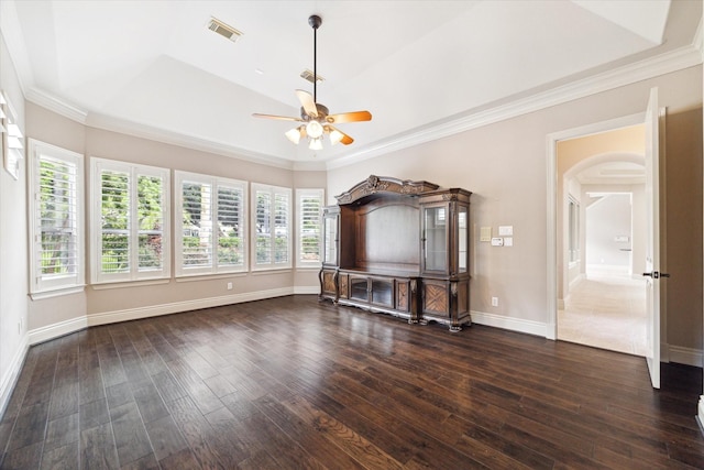5215 Eagle Pointe Ct, Sugar Land, TX 77479 - empty room featuring ceiling fan, dark wood-style floors, plenty of natural light, and ornamental molding