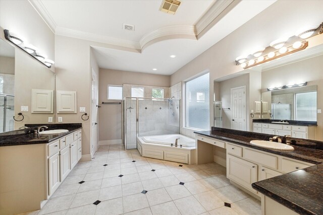 5215 Eagle Pointe Ct, Sugar Land, TX 77479 - bathroom with a shower stall, ornamental molding, a garden tub, two vanities, and tile patterned floors