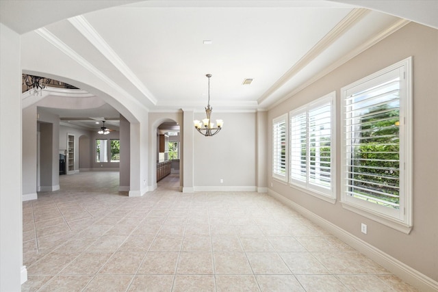 5215 Eagle Pointe Ct, Sugar Land, TX 77479 - spare room with a chandelier, ceiling fan, plenty of natural light, light tile patterned flooring, and crown molding