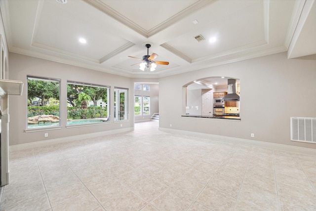 5215 Eagle Pointe Ct, Sugar Land, TX 77479 - unfurnished living room featuring light tile patterned floors, a ceiling fan, crown molding, beam ceiling, and coffered ceiling