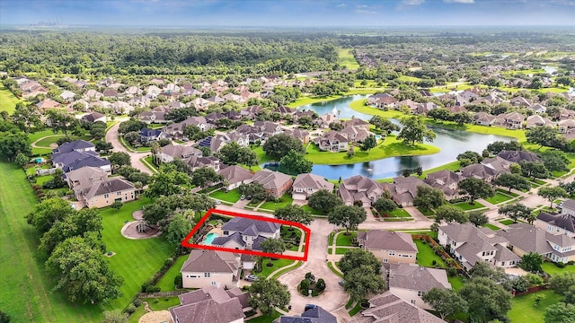 5215 Eagle Pointe Ct, Sugar Land, TX 77479 - aerial perspective of suburban area featuring property parcel outlined and a nearby body of water