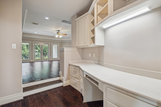 5215 Eagle Pointe Ct, Sugar Land, TX 77479 - unfurnished office with a ceiling fan, dark wood-style flooring, recessed lighting, built in desk, and french doors