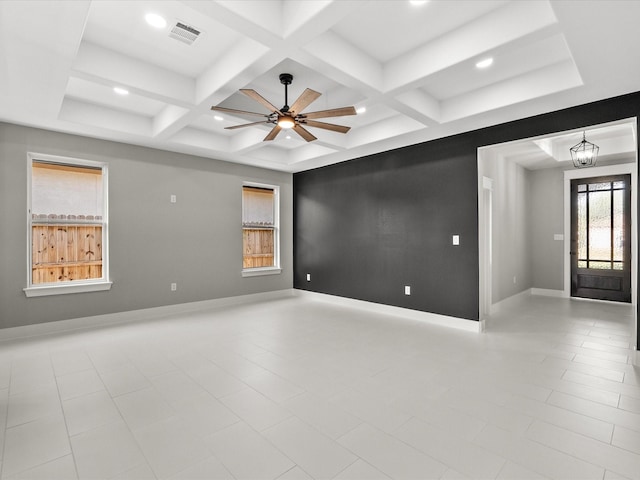 2235 Minnesota St, Houston, TX 77034 - empty room featuring coffered ceiling, beamed ceiling, a ceiling fan, and recessed lighting