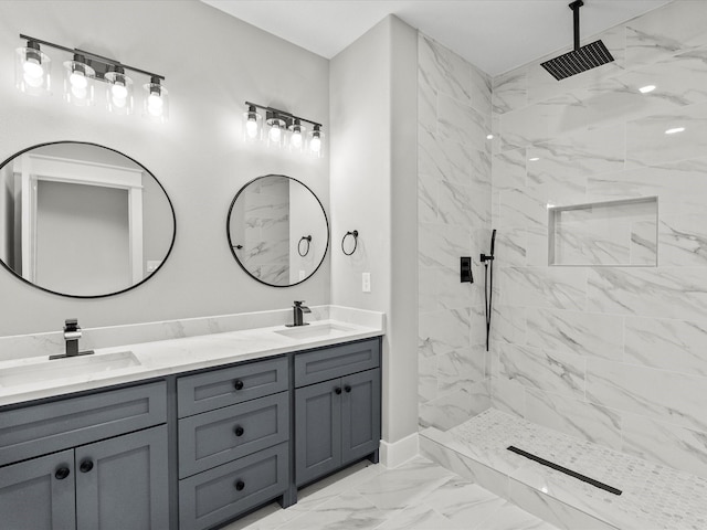 2235 Minnesota St, Houston, TX 77034 - bathroom with double vanity, a marble finish shower, and marble look tiles