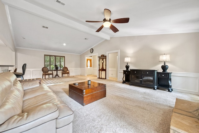 150 Greenbriar Dr, Montgomery, TX 77356 - carpeted living area with a decorative wall, ceiling fan, ornamental molding, and a wainscoted wall