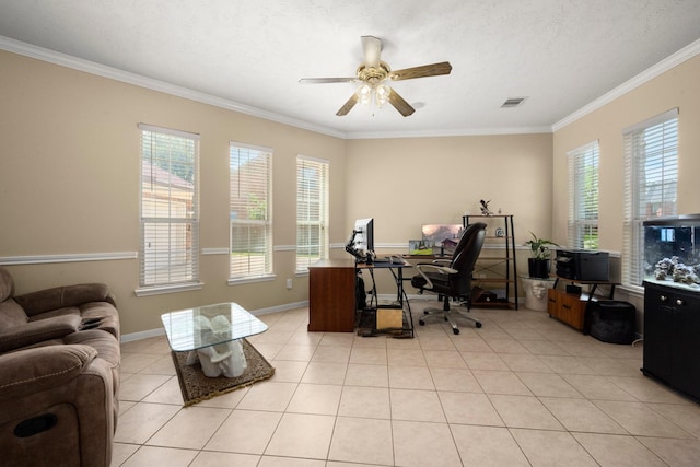 18718 Glenn Haven Estates Dr, Spring, TX 77379 - office with crown molding, healthy amount of natural light, ceiling fan, and light tile patterned floors