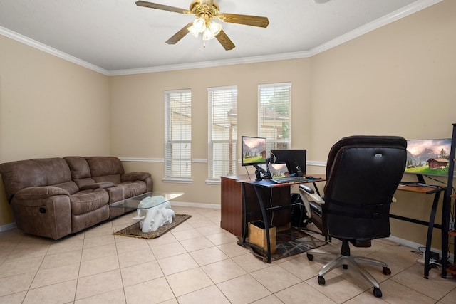 18718 Glenn Haven Estates Dr, Spring, TX 77379 - home office with crown molding, a ceiling fan, and light tile patterned floors