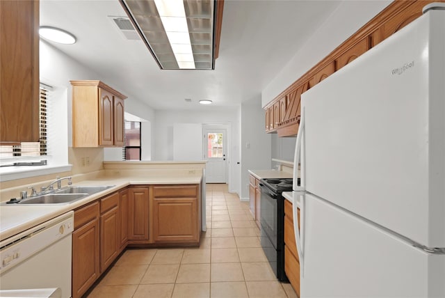 10447 Winding Trail Rd, La Porte, TX 77571 - kitchen featuring white appliances, a peninsula, light tile patterned floors, and light countertops