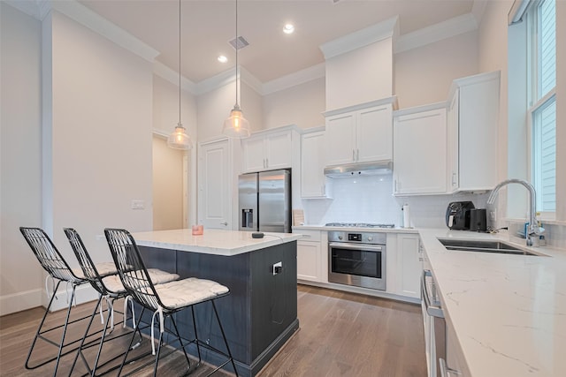 5308 S Capitol St, Houston, TX 77023 - kitchen featuring appliances with stainless steel finishes, crown molding, wood finished floors, white cabinetry, and decorative backsplash