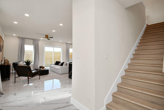 5906 Saint Augustine St Unit C, Houston, TX 77021 - stairs featuring recessed lighting, marble tiled flooring, and a ceiling fan
