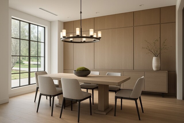 6911 Hartland Ave, Houston, TX 77055 - dining space featuring a chandelier, light wood finished floors, and plenty of natural light
