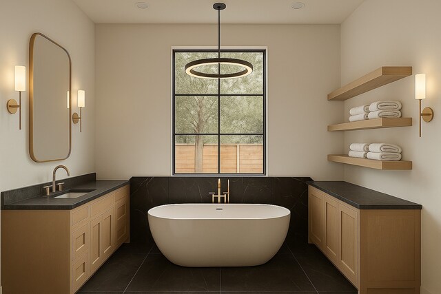 6911 Hartland Ave, Houston, TX 77055 - bathroom with a freestanding tub, vanity, tile walls, and tile patterned flooring