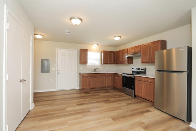 1440 Shepherd St, Hempstead, TX 77445 - kitchen featuring stainless steel appliances, under cabinet range hood, light countertops, light wood-style flooring, and electric panel