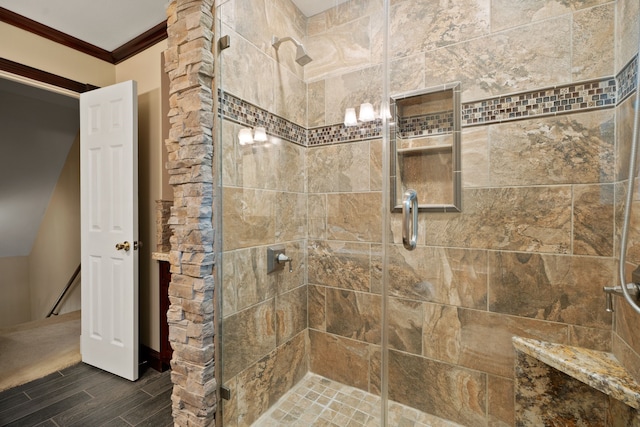 111 Whispering Oaks Dr, Seabrook, TX 77586 - bathroom with a shower stall, ornamental molding, and wood finished floors