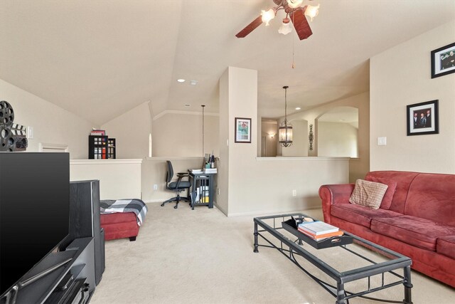 14306 Prosper Ridge Dr, Cypress, TX 77429 - carpeted living room featuring ceiling fan, vaulted ceiling, arched walkways, and recessed lighting