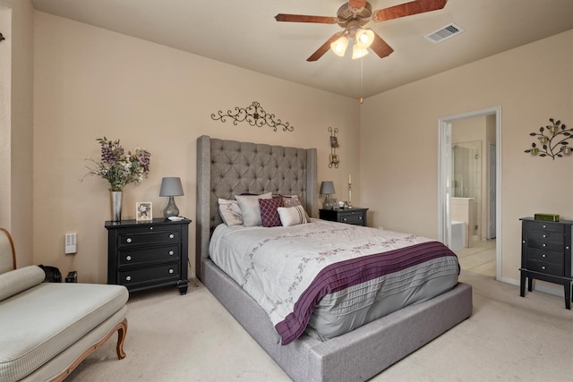 14306 Prosper Ridge Dr, Cypress, TX 77429 - bedroom featuring light colored carpet, connected bathroom, and ceiling fan