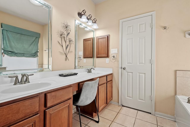 14306 Prosper Ridge Dr, Cypress, TX 77429 - full bathroom featuring double vanity, tile patterned flooring, and a tub