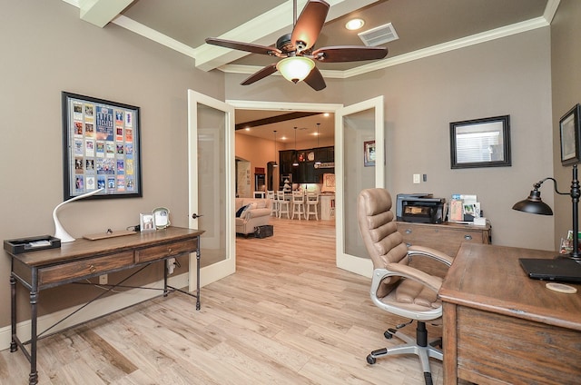 33215 Worthing Ln, Fulshear, TX 77441 - office featuring light wood-style flooring, crown molding, a ceiling fan, and french doors