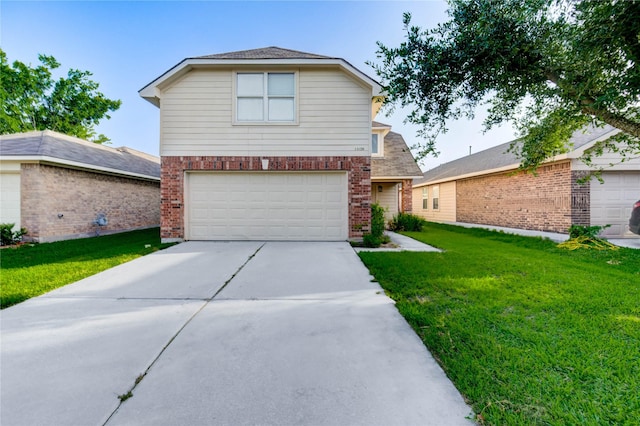 19138 S Whimsey Dr, Cypress, TX 77433 - traditional-style home with an attached garage, brick siding, driveway, and a front yard