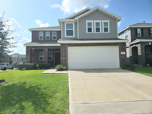 4122 Mossy Bank Ln, Houston, TX 77068 - view of front facade featuring a front lawn, driveway, an attached garage, and brick siding