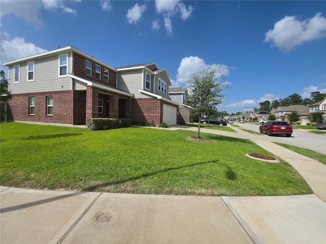 4122 Mossy Bank Ln, Houston, TX 77068 - view of side of property with brick siding, a garage, concrete driveway, and a yard