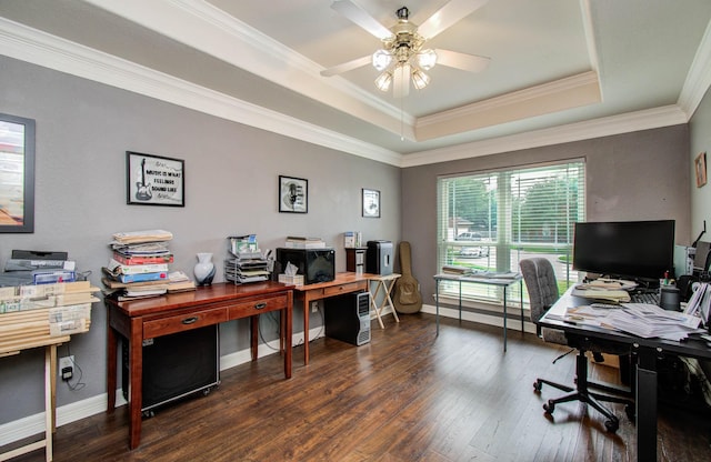 16506 Dawson Mill Ct, Houston, TX 77095 - home office featuring hardwood / wood-style flooring, a tray ceiling, ceiling fan, and crown molding