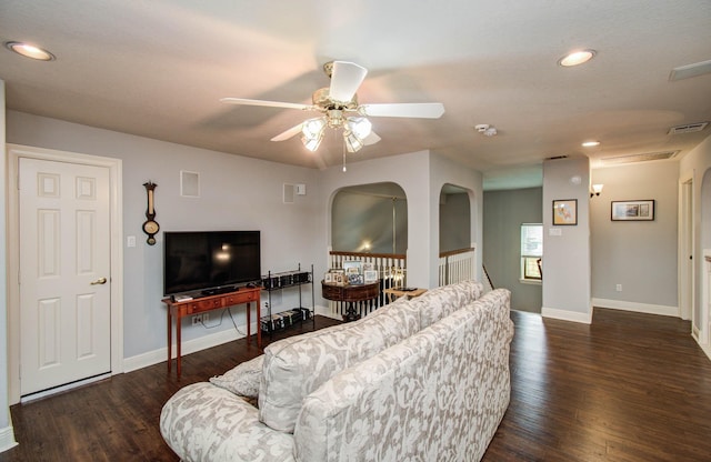 16506 Dawson Mill Ct, Houston, TX 77095 - living room featuring wood finished floors, ceiling fan, recessed lighting, and arched walkways