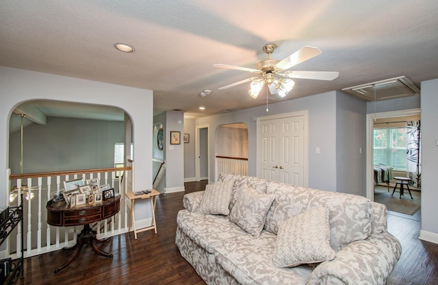 16506 Dawson Mill Ct, Houston, TX 77095 - living area featuring attic access, a ceiling fan, wood finished floors, arched walkways, and recessed lighting