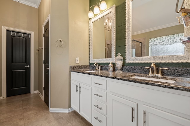 23613 Alder Branch Ln, New Caney, TX 77357 - full bathroom with crown molding, double vanity, tile patterned flooring, and a shower