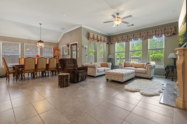 23613 Alder Branch Ln, New Caney, TX 77357 - living area with light tile patterned flooring, a ceiling fan, vaulted ceiling, and ornamental molding
