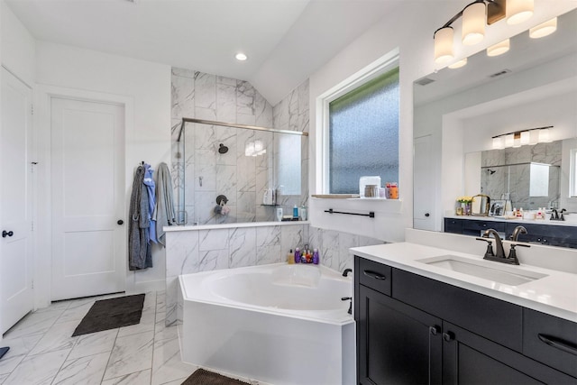 1703 Rosings Way, Katy, TX 77493 - bathroom with a bath, a shower stall, vanity, marble finish floors, and recessed lighting