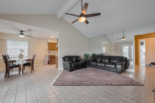 7230 Redding Rd, Houston, TX 77036 - living room featuring a ceiling fan, light tile patterned floors, plenty of natural light, beam ceiling, and high vaulted ceiling