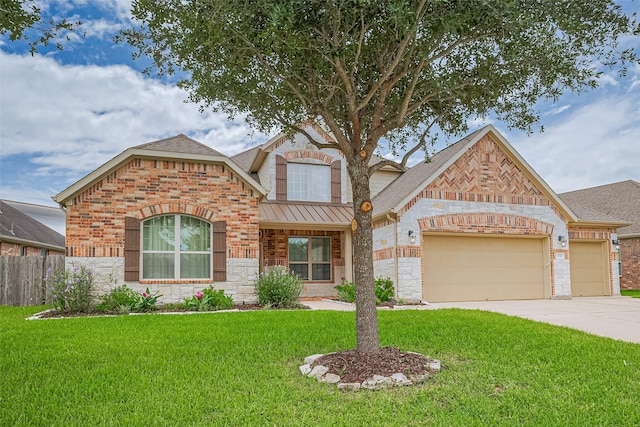 310 Blossom Terrace Ln, Rosenberg, TX 77469 - view of front facade featuring an attached garage, stone siding, a shingled roof, brick siding, and driveway