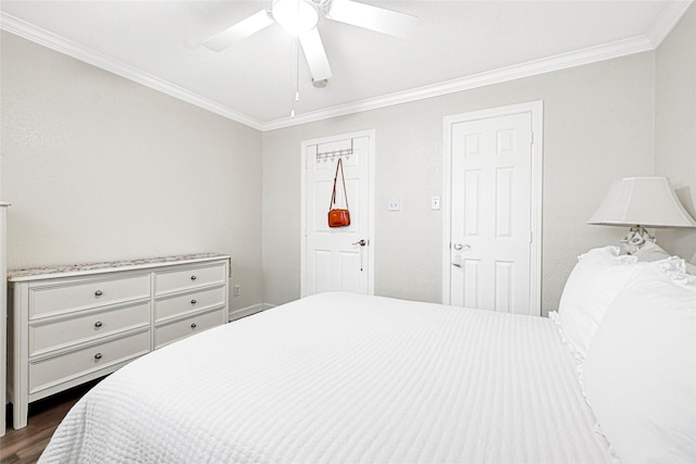 4401 Marina St Unit B, Houston, TX 77007 - bedroom featuring ornamental molding, dark wood-type flooring, and ceiling fan