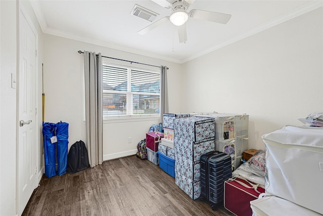 4401 Marina St Unit B, Houston, TX 77007 - bedroom featuring wood finished floors, ornamental molding, and ceiling fan