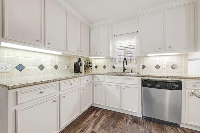 4401 Marina St Unit B, Houston, TX 77007 - kitchen featuring dishwasher, white cabinets, dark wood-style flooring, backsplash, and light stone countertops