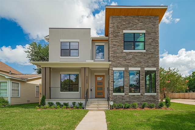 5200 Beech St, Bellaire, TX 77401 - modern home with stone siding, a porch, and stucco siding
