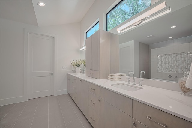 5200 Beech St, Bellaire, TX 77401 - full bathroom with vanity, tile patterned flooring, and recessed lighting
