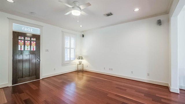 1045 W 16th St, Houston, TX 77008 - entryway with wood finished floors, ornamental molding, a ceiling fan, and recessed lighting