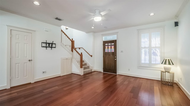1045 W 16th St, Houston, TX 77008 - foyer featuring stairs, wood finished floors, a ceiling fan, crown molding, and recessed lighting