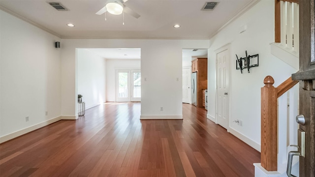 1045 W 16th St, Houston, TX 77008 - empty room featuring crown molding, a ceiling fan, wood finished floors, and recessed lighting