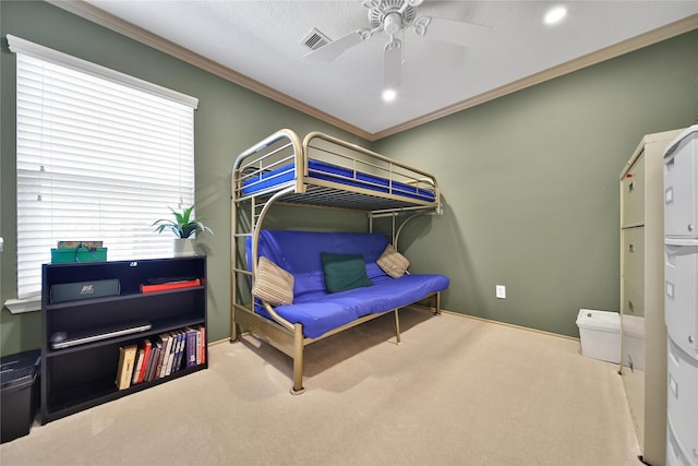 9731 Gulfstream Dr, Conroe, TX 77303 - bedroom featuring carpet flooring, crown molding, and ceiling fan