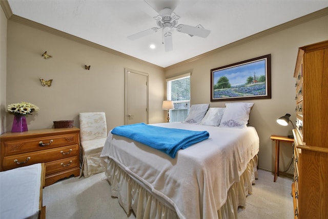 9731 Gulfstream Dr, Conroe, TX 77303 - bedroom with light colored carpet, ornamental molding, ceiling fan, and recessed lighting