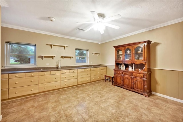 1403 Newport Blvd, League City, TX 77573 - home office featuring ceiling fan, crown molding, and a wainscoted wall