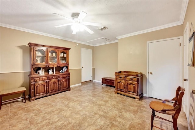 1403 Newport Blvd, League City, TX 77573 - sitting room featuring attic access, ceiling fan, and crown molding