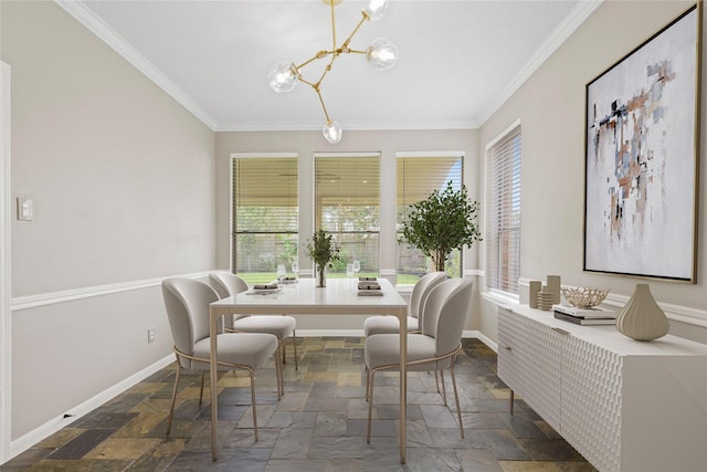 2625 Seashore Dr, Seabrook, TX 77586 - dining space featuring stone tile floors, ornamental molding, a chandelier, and plenty of natural light