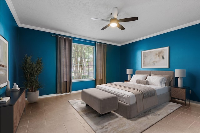 2625 Seashore Dr, Seabrook, TX 77586 - bedroom featuring tile patterned floors, a textured ceiling, crown molding, and ceiling fan