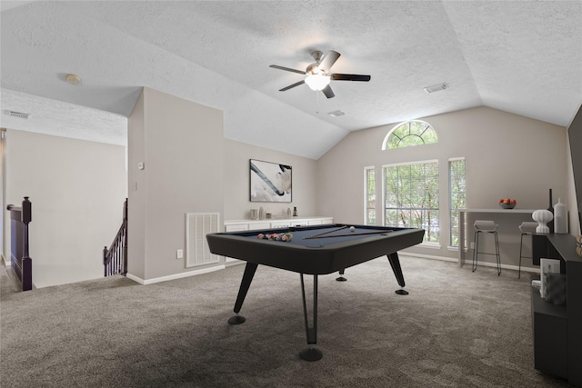2625 Seashore Dr, Seabrook, TX 77586 - rec room featuring a textured ceiling, carpet floors, lofted ceiling, billiards table, and ceiling fan