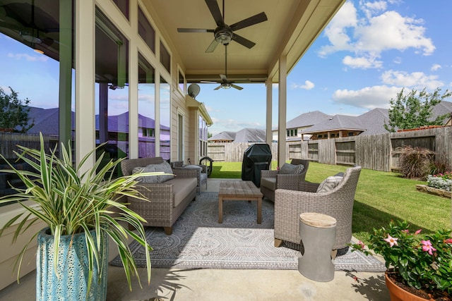14926 Violet Willow Ct, Cypress, TX 77429 - fenced backyard featuring outdoor lounge area, a ceiling fan, a residential view, area for grilling, and a patio