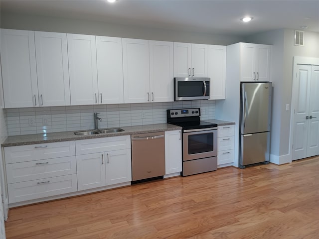 2401 Crawford St Unit A109, Houston, TX 77004 - kitchen featuring stainless steel appliances, white cabinets, decorative backsplash, light wood-type flooring, and recessed lighting